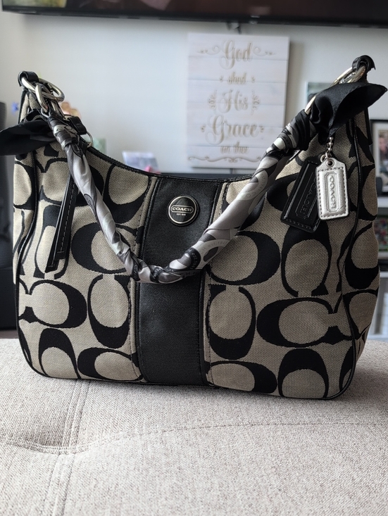 Coach Handbags - Coach Signature Canvas Shoulder Bag in Black and Cream